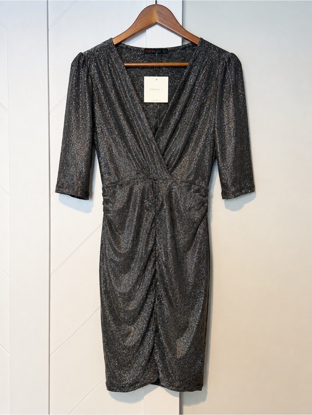 Fraiche by J Metallic Ruched Cocktail Dress Silver Black Shimmer Size S NWT
